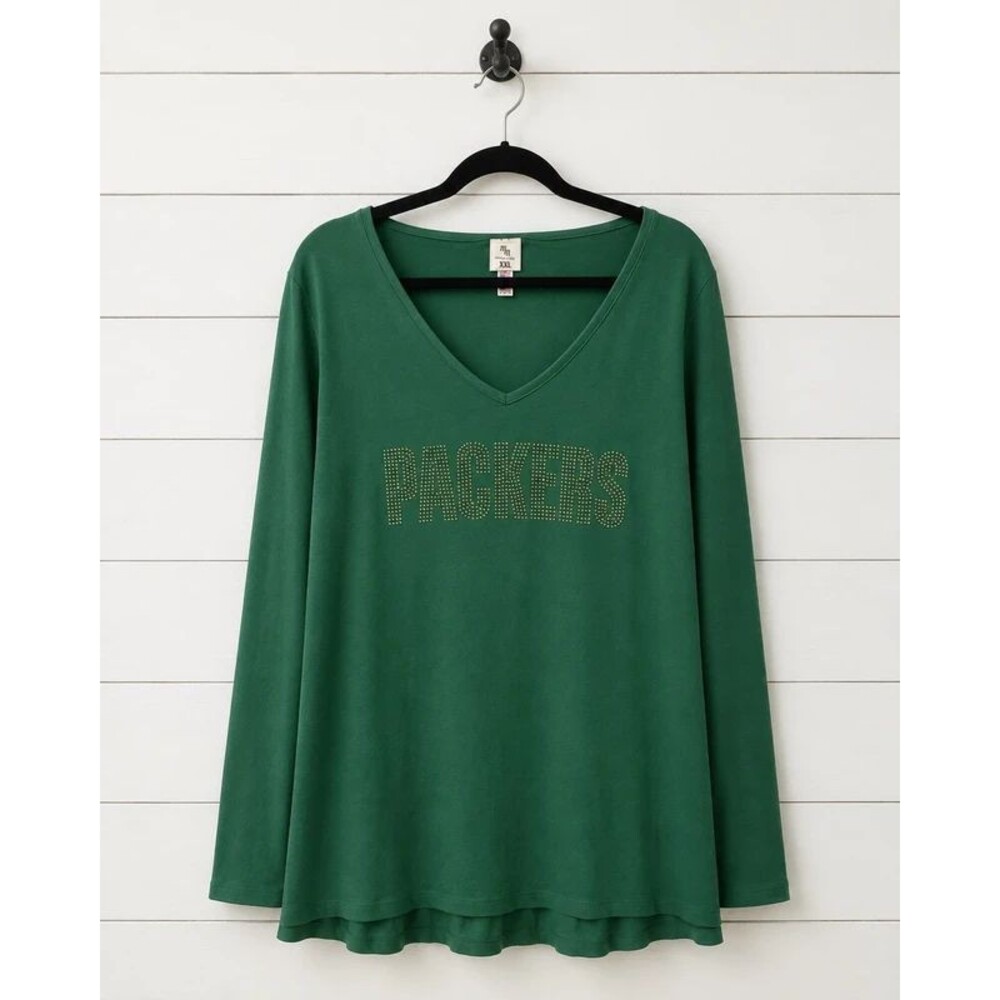 2XL Meesh & Mia Green Bay Packers Rhinestone Long Sleeve V-Neck Top